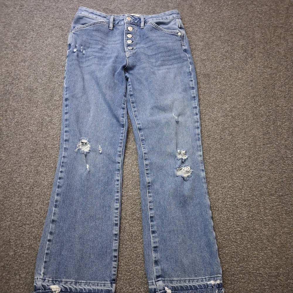 We The Free Free People Distressed Button Fly Straight Leg Jeans Light Wash Blue